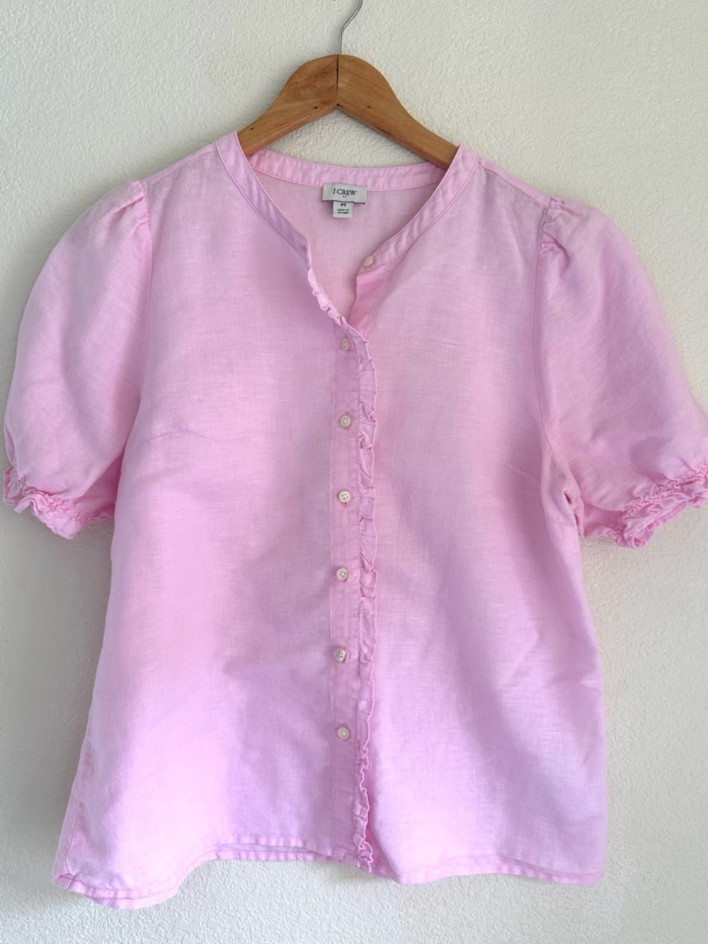 J.Crew Pink Linen Blend Blouse Puff Sleeve Button Front Size M